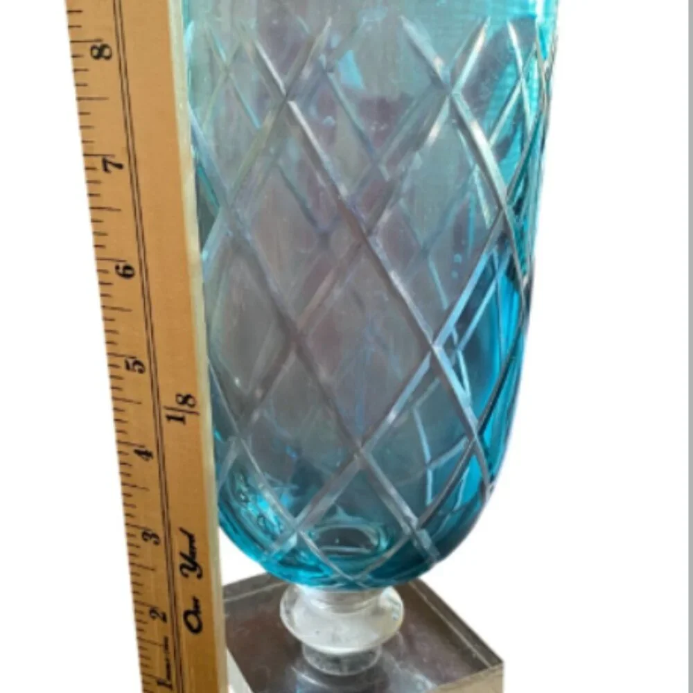 Giftcraft FTD Aqua Blue Cut Glass Design Pedestal 9